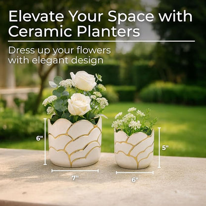 Modern Decorative Home Decor Planters for Flower Pots - Ideal for Indoor and Outdoor Plants for House Decor - Plant Pots for Garden Accent or Plant Stand Indoor - Set of 2, 7", 5", Ivory & Gold