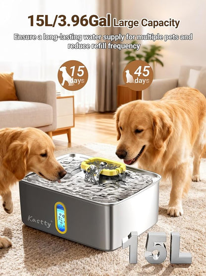 Kastty 15L/3.96 Gal Stainless Steel Large Capacity Dog Water Fountain | Ultra Quiet Dog Water Bowl Dispenser LED Light Multi Filtration Cat Water Fountain,Pet Water Fountain Easy Clean(FS78,Yellow)