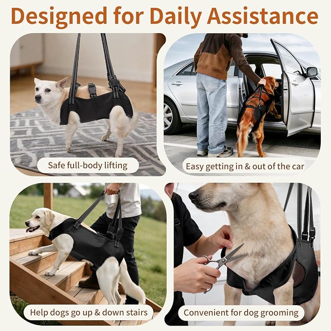 Full Body Dog Lift Harness, Support Senior & Disabled Dogs Walking | Help Up & Down Stairs Grooming, Dog Sling Backpack, Front Hind Leg Joint Injuries, Reflective, Soft Padded Handle | Black, L