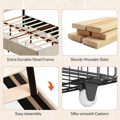 WLIVE Full Size Upholstered Bed Frame with 4 Drawers and Velvet Square Tufted Headboard, Sturdy Metal & Wooden Slats Support, No Box Spring Needed, Easy Assembly, Beige