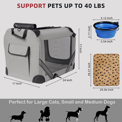 Petprsco Large Cat Carrier for 2 Cats/Small Dogs 24"x17"x17" for Car Travel | Soft Pet Carrier for Large Cats & Small/Medium Dogs, Includes Warm Blanket, Foldable Bowl & Washable Pad, for Long Car Trips