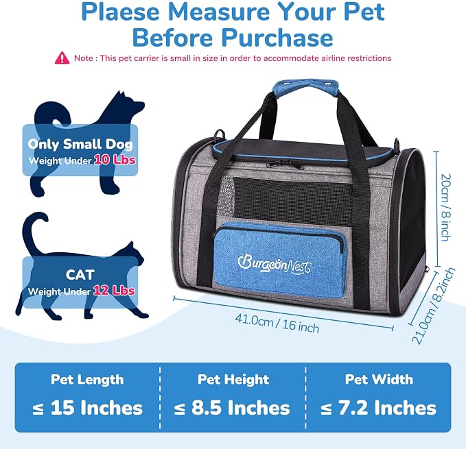 BurgeonNest Cat Carrier, Airline Approved Dog Carrier, Soft Sided Cat Pet Carrier for Small Medium Cats Dogs Under 10 lbs with Side Bag, Collapsible Travel Kitten Puppy Carriers, Blue