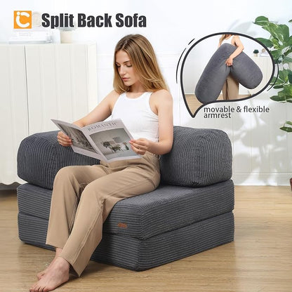 COMAX Folding Sofa Bed, Fold Out Chair Bed, Foldable Sofa, Convertible Sleeper for Adults, Futon Chair Single Small Floor Couch for Spaces, Bedroom Living Room Guest Room, Grey