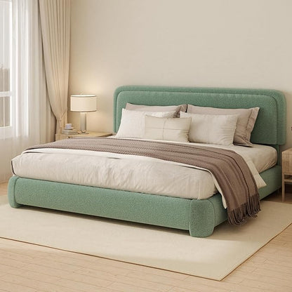 King Boucle Platform Bed Frame with Height Adjustable Headboard, Modern Upholstered Cloud Bed, Sleek Curved Design, No Box Spring Needed, Easy Assembly, Noise Free, Green