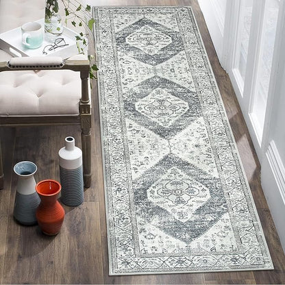 Lahome Boho Runner Rug for Hallway - 2x7 ‎Stain Resistant Non-Slip Kitchen Runners Non Skid Washable 7 Ft Lightweight Throw Bathroom Runner, Oriental Distressed Print Runner for Bedroom Laundry Room