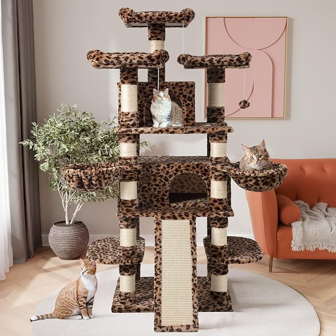 SHA CERLIN 68 Inches Multi-Level Large Cat Tree for Large Kitties/Big Cat Tower with Condo/Cozy Plush ‌Pussycat Perches/Sisal Scratching Posts and Hammocks/Activity Center/Leopard Print
