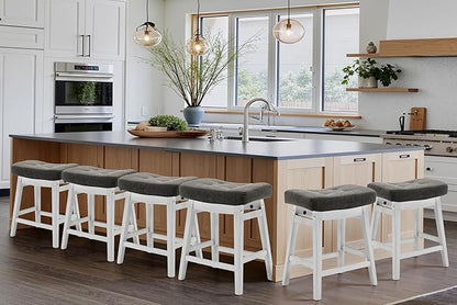 RNKSFX Counter Height Bar Stools Set of 6 for Kitchen Counter Farmhouse Modern Barstools with Faux Leather Upholstered Backless Seat and Solid Wood Legs 24 inch Bar Chairs, Grey + White
