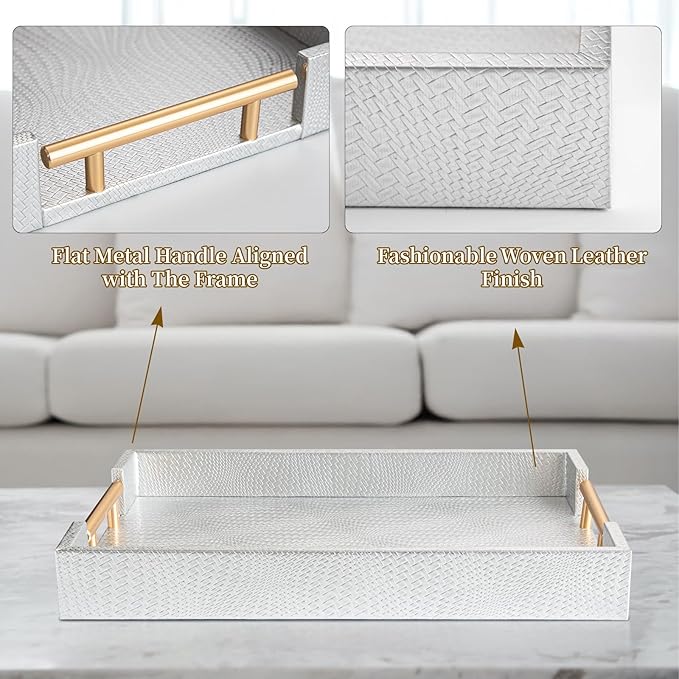 2 Piece Woven Leather Ottoman Tray with Gold Handles, Perfect Rectangular Serving Tray for Living Room, Coffee Table Tray as Thoughtful Gift for Home Decor Enthusiasts (Sliver)