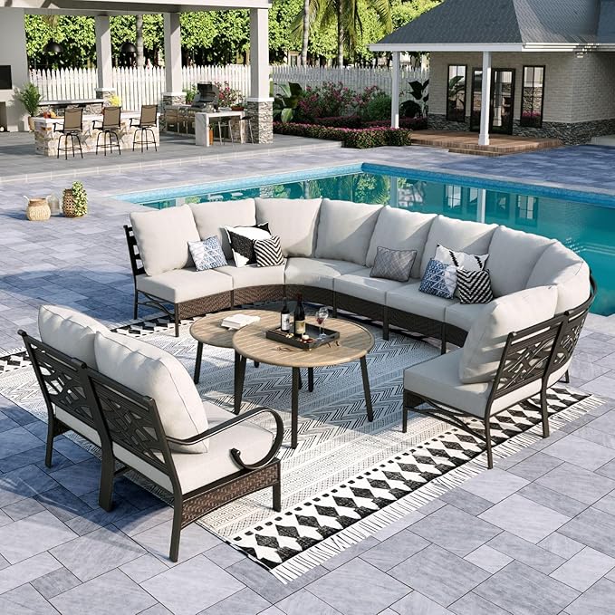 Sophia & William Half-Moon Patio Furniture Set for 10, Curved Outdoor Sofa Conversation Set with Coffee Table,Wicker Patio Sectional for Backyard, Beige