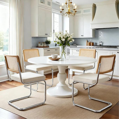 Zesthouse Natural Rattan Dining Chairs Set of 4, Mid Century Modern Dining Chairs with Solid Wood Back & Chrome Base, for Kitchen Living Room, Breuer Design Inspired, Upholstered Linen Fabric, White
