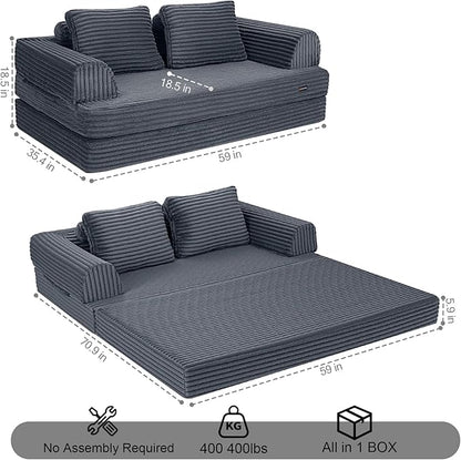 COMAX Convertible Sofa Bed, Folding Floor Couch Corduroy Fold Out Couch Bed Futon Sleeper Mattress with Pillows, Boneless Sofa Comfy Lounge Loveseat for Living Room Bedroom, Plush Grey