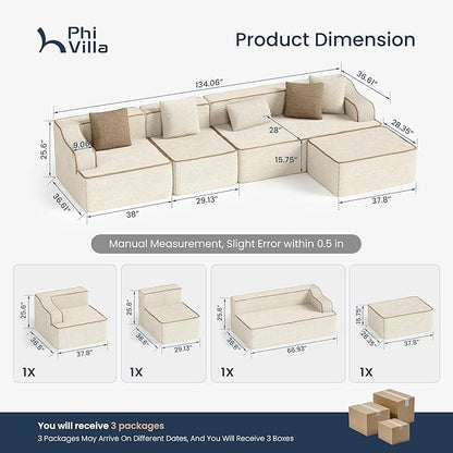 PHI VILLA Cloud Modular Couch Sets, 134" L-Shaped Sectional Sofa with Movable Ottoman, 5-Seater Couches with Deep Seat for Living Room, No Assembly Required, Corduroy, Beige