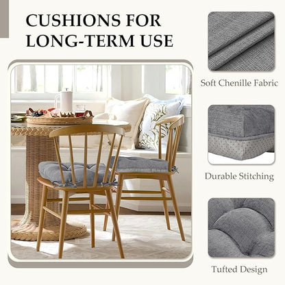 HARBOREST Chair Cushions for Dining Chairs Set of 4 - Chenille Tufted Kitchen Chair Cushions with Ties and Non-Slip Bottom, Foam Chair Pads for Dining Chairs, 17" x 17", Light Grey