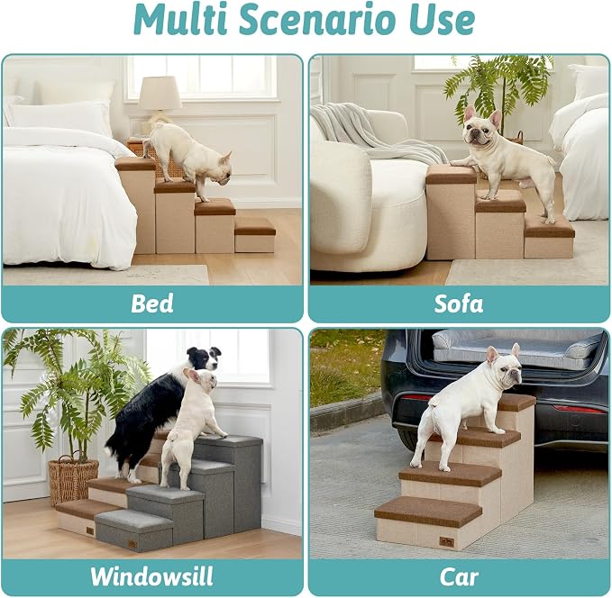 Dog Stairs with Storage, 3-Step Wider Sturdy Dog Steps for Small/Medium/Large Dogs and Older Cats, Folding Doggie Ramp for Bed/Couch/Car Hold Up to 180 lbs (16.7" H, Brown)