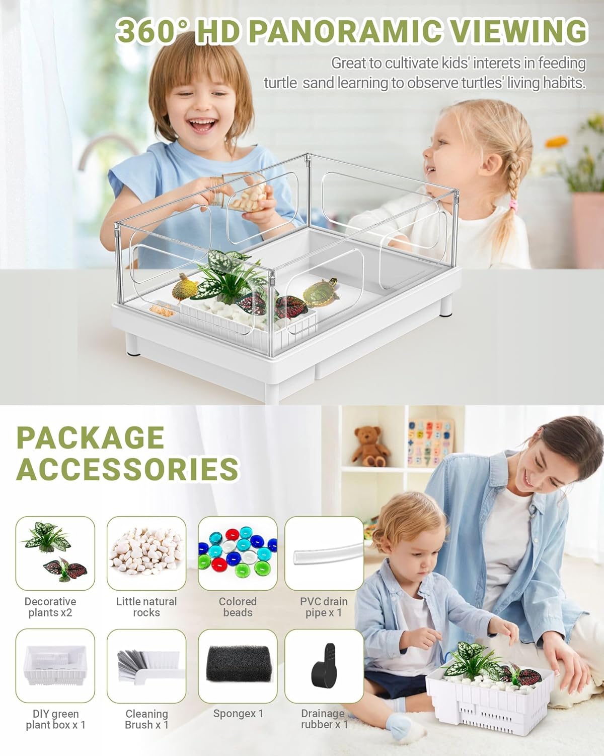 GOZILLA Small Turtle Tank, Acrylic Turtle Tank Starter Kit, Reptile Habitat and Terrarium with Multi-Functional Areas for Tortoise, Crab, Crayfish, Small Reptile.(Black Tank)