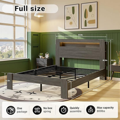 Full Bed Frame with Headboard, Wooden Platform Bed Frame Full Size with Bookcase Shelf, LED Lights, Charging Station, Heavy Duty Supports, No Box Spring Needed,Dark Grey