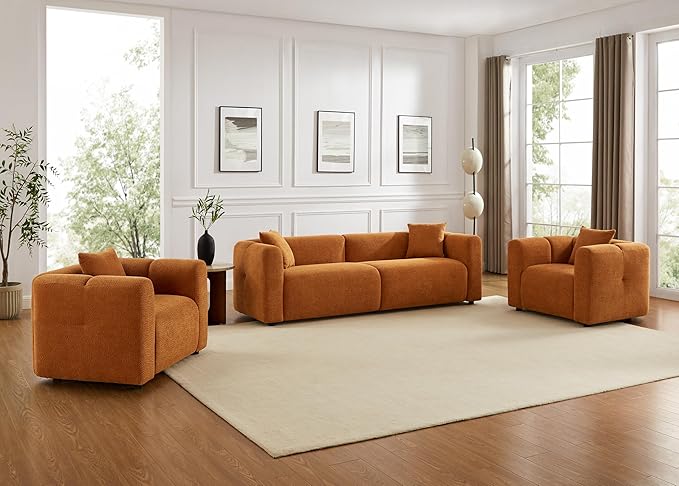 VANOMi Living Room Furniture Sets Include 95" Sofa & 42" Armchairs, Boucle Upholstered Oversized Couch with Pillows, Living Room Furniture Set for Bedroom Apartment (Curry, 1 Sofa+2 Chairs)