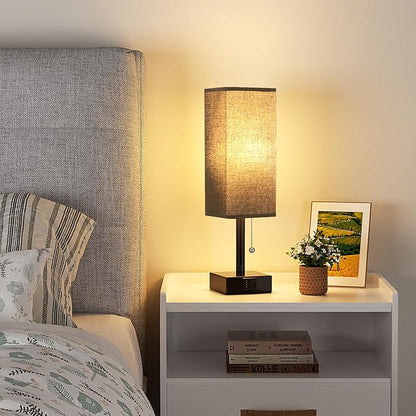 Black Small Table Lamp for Bedroom - 3 Color Temperature 3000K 5000K 4000K Bedside Lamp, Pull Chain Control, USB A and C Charging Ports, Black Base, for Kids Office Dorm Nightstand, Bulb Included