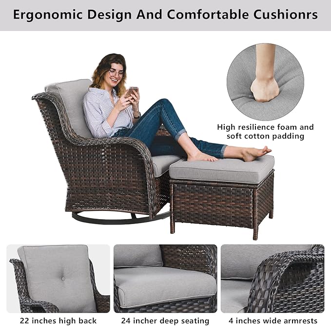 Belord 5 Piece Outdoor Patio Furniture Set - Wicker Furniture Patio Conversation Set, Outdoor Swivel Rocker Chairs with 3-Seater Sofa and 2 Ottomans for Small Space, Gray Cushion
