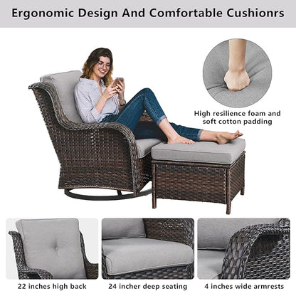 Belord 5 Piece Outdoor Patio Furniture Set - Wicker Furniture Patio Conversation Set, Outdoor Swivel Rocker Chairs with 3-Seater Sofa and 2 Ottomans for Small Space, Gray Cushion