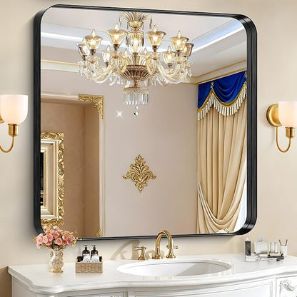 CIRCUMI Black Bathroom Mirror, Rounded Corner, Tempered Glass, Mirror