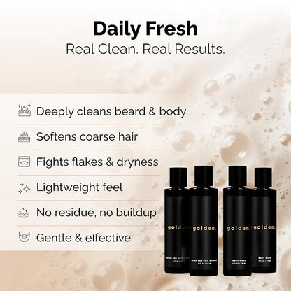 Golden Grooming Co. 3-in-1 Men’s Body Wash, Shampoo & Beard Wash – Hydrating Full Body Cleanser for All Skin Types – Fresh Tea Tree Scent – Naturally Derived Formula – 4-Pack Value Bundle