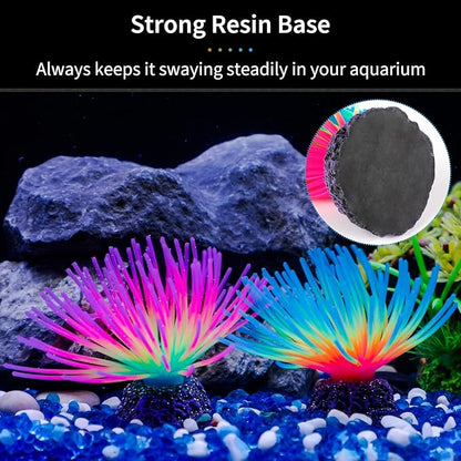 Uniclife Aquarium Imitative Rainbow and Iridescent Blue Sea Urchin Balls Artificial Silicone Ornament Set with Glowing Effect for Fish Tank Landscape Decoration