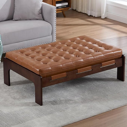 Kmax Coffee Table, 48 Inch Leather Ottoman Coffee Table Rectangular Upholstered Dark Wood Center Table Tufted Tea Table, Oversized Footrest Stool for Living Room - PU, Brown