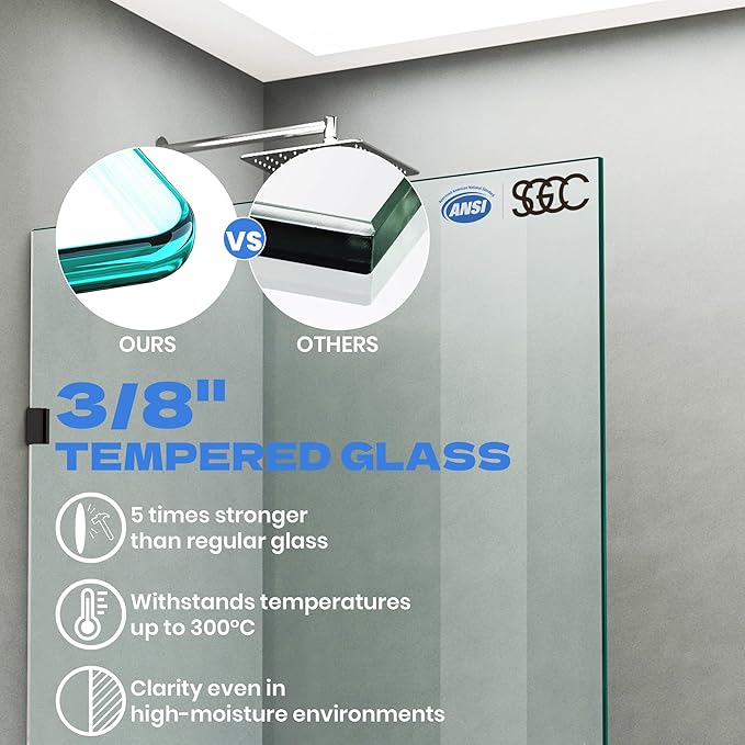 36" W x 78.75" H Shower Screen, Fixed Frameless Shower Glass Panel