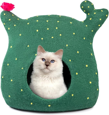 Luxurious Merino Wool Cat Cave - Foldable Hideaway Pod for Indoor Cats - Premium Felt Kitten Pet Enclosure - Covered Cat House for Ultimate Cozy Comfort by Woolygon (Cactus)