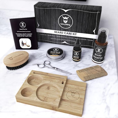 Striking Viking Beard Grooming Kit with Caddy - 7 Piece Set, Sandalwood | Softening Sandalwood Beard Oil & Balm - Brush with Mustache Comb & Scissors - Compact Caddy Organizer & Gifts for Men