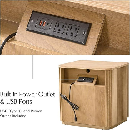 Fluted Nightstand with 3 Drawers, Modern End Table with Charging Station, USB Type-C Ports & Metal Frame for Bedroom,Natural