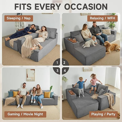 Modular Sectional Sofa Cloud Couch with Multi-Functional Armrests, Boneless Plush L-Shape Living Room Couch with Deep Seat, Fluffy Comfy Sleeper Sofa Easy Assembly (Gray, Right Chaise)