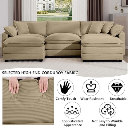 Aoowow Corduroy 3 Seater Couch with Ottomans,Modern Large Cloud Couches for Living Room,U Shaped Modular Sectional Cloud Sofas Deep Seat,U Shape Oversized Tufted Sofa Set (Tan, 3 Seater + 2 Ottoman)