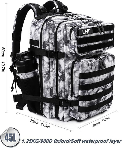 LHI Military Tactical Backpack for Men Molle Daypack 45L Army 3 Days Assault Pack Bag Large Rucksack With Bottle Holder Black and White(12*20*12)