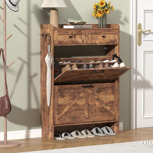 Shoe Cabinet with 2 Flip Drawers & 2 Storage Drawers, Rustic Farmhouse Narrow