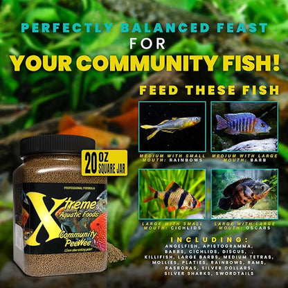 Xtreme Community Peewee 1.5mm Pellets: Slow Sinking & Ideal for Community Fish - Boosts Immune & Digestive Health, Enhances Color & Energy, Max Protein Fish Food – USA Farm Grown (20oz)