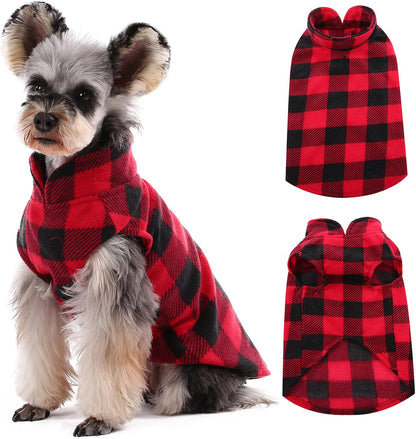 Kuoser Dog Fleece Vest,Warm Plaid Dog Sweater with Leash Hole,Soft Turtleneck Winter Pet Jacket Dogs Coat Pullover Clothes for Small Medium Dogs Cats,Spring Fall Cold Weather Christmas Outfit,Red S