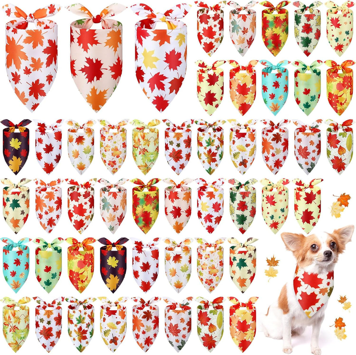 Abbylike 50 Pcs Fall Thanksgiving Dog Bandanas Bulk Maple Leaves Bandanas for Dogs Triangle Kerchief Bib Scarf for Pets Autumn Costume Photo Props Accessories Pet Shops, 25 Styles (31.5 x 21.7 x 21.7)