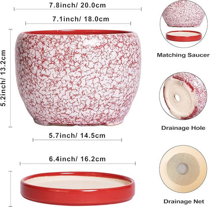 SQOWL Ceramic Pots for Plants - 8 inch Indoor Planter with Drainage Hole and Tray, Ceramic Flower Pot Outdoor, Round Decorative Planter, Bedroom Decor, Gifts for Plant Lovers, Red and White