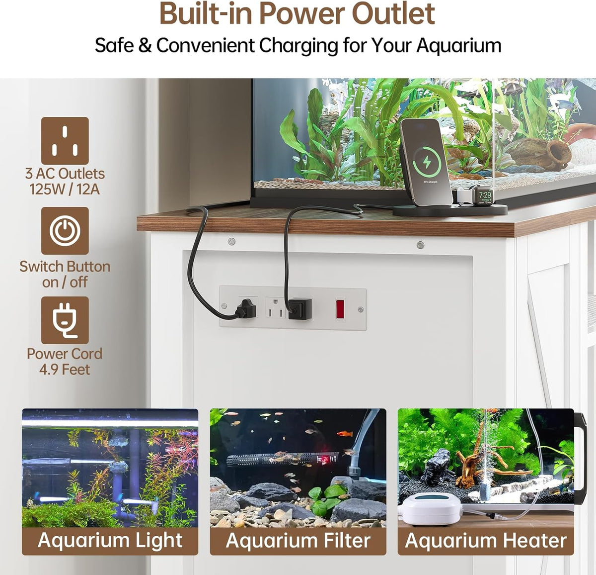 55-75 Gallon Fish Tank Stand with Power Outlet & Adjustable Shelf, Heavy Duty Aquarium Stand with Cabinet Storage for Fish Tank, Turtle Tank, Reptile Terrarium, 1000LBS Capacity, White