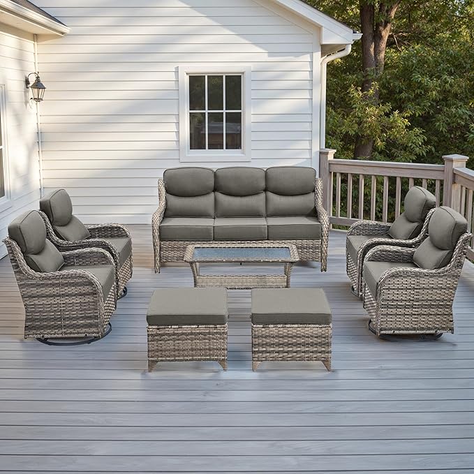 Rilyson Wicker Outdoor Patio Furniture Set - 8 Piece Patio Conversation Sets with Swivel Rocker Chairs, Ottomans, Sofa and Table, 6 inch Cushions, Deep Seating, for Porch Deck Mixed Grey/Grey