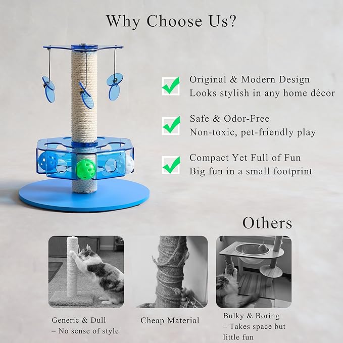 Modern 3-in-1 Interactive Cat Toy with Scratching Post, Rotating Cat Puzzle Toys for Indoor Cats with Colorful Jingle Balls, Spinning Teaser Disc with Dangling Toys, Acrylic, Blue