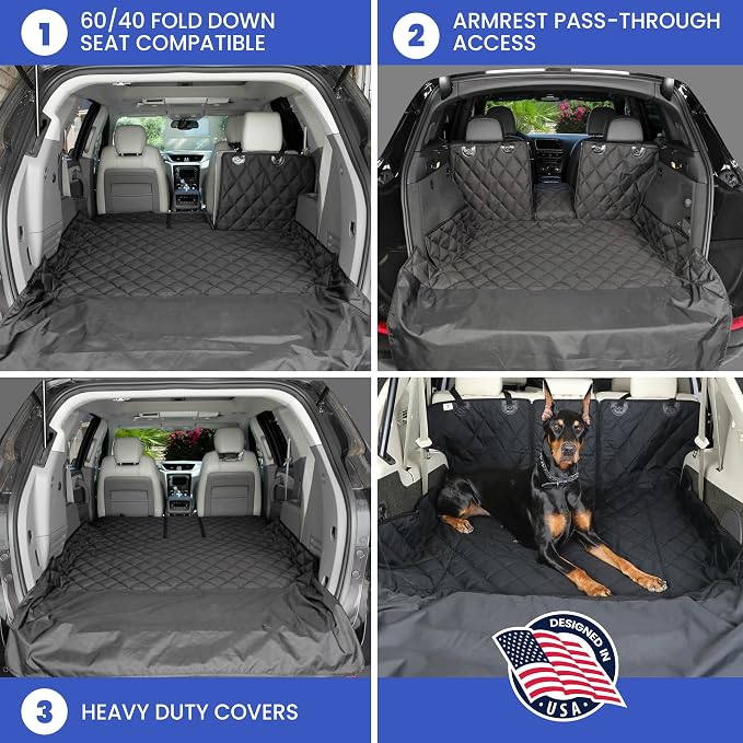 4Knines Split Cargo Liner for SUV – For Dogs & Pets, Heavy-Duty, Waterproof Trunk Mat & Cargo Cover – Fits 60/40 Split Bench & Armrest Pass-Through – Machine Washable, Non-Slip, Durable (Small, Black)