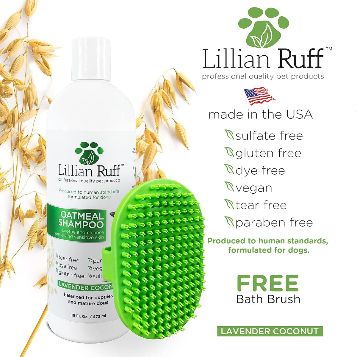 Lillian Ruff Calming Oatmeal Pet Shampoo for Dry Skin & Itch Relief with Aloe & Hydrating Essential Oils - Replenish Moisture & Deodorize - Gentle Dog Shampoo for Normal/Sensitive Skin (16oz & Brush)