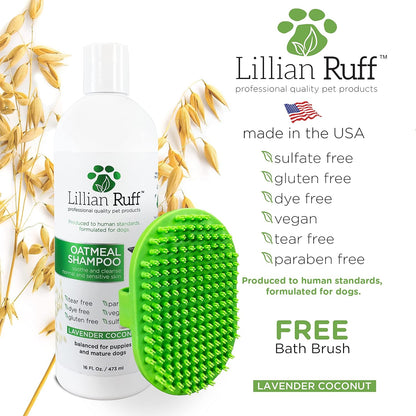 Lillian Ruff Calming Oatmeal Pet Shampoo for Dry Skin & Itch Relief with Aloe & Hydrating Essential Oils - Replenish Moisture & Deodorize - Gentle Dog Shampoo for Normal/Sensitive Skin (16oz & Brush)
