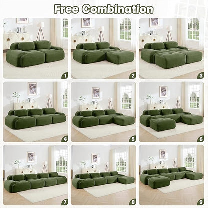 152" Modern Corduroy Cloud Sofa, Boneless Modular Large Sectional Couches for Living Room, Green 4 Seater Compressed Memory Foam Couch, Extra Deep Seat, No Assembly