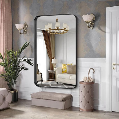 CIRCUMI Black Bathroom Mirror, Rounded Corner, Tempered Glass, Large Mirror