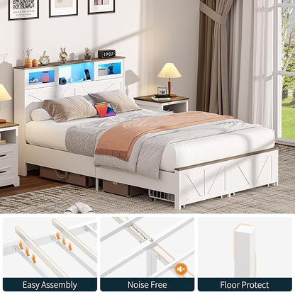 Yoobure Farmhouse Full Size Bed Frame with Headboard, Full Bed Frame with Charging Station & LED Lights, Platform Beds with 2 Storage Drawer, Wood Bedframe, Noise Free, No Box Spring Needed, White