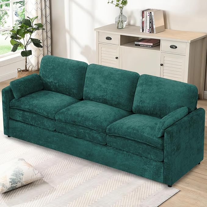 89" Chenille 3 Seats Sofa with 2 Pillows, Modern Upholstered Sofa with Deeper Seats, Comfy Sofa with Thickened Cushions for Living Room, Apartment, Teal